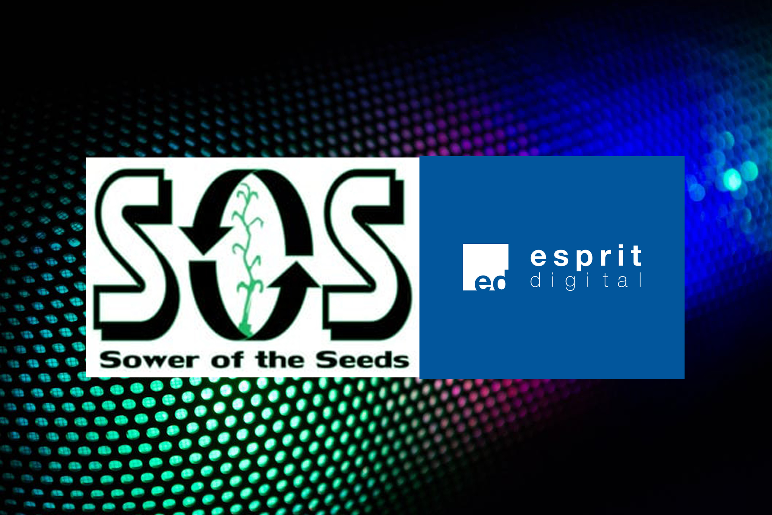 Sower of the seeds and Esprit Digital logos over a retail digital signage screen multi-coloured pixels background